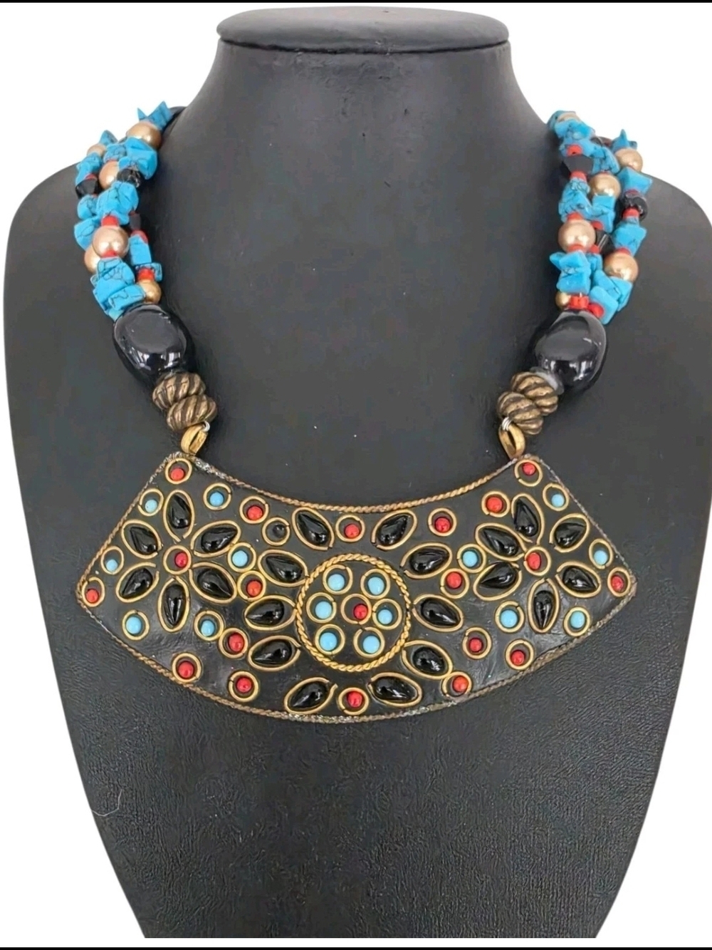 Southwest Statement Bib Necklace Turquoise Coral Chunky Tribal Ethnic Pendant
